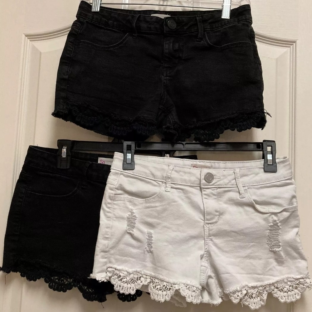 SO Black and White Jean Shorts with Lace and Distressed Details